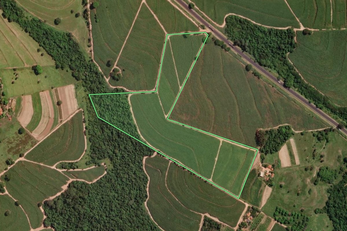 Imagem de satélite do imóvel rural em Novo Horizonte (SP), com o contorno declarado no CAR desenhado por cima.