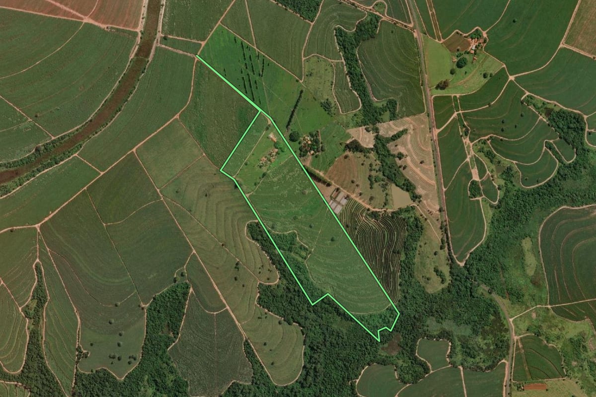 Imagem de satélite do imóvel rural em Novo Horizonte (SP), com o contorno declarado no CAR desenhado por cima.