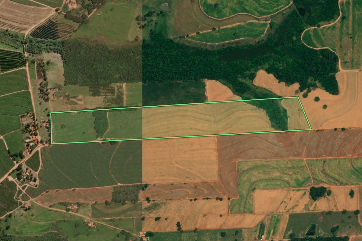Imagem de satélite do imóvel rural em Novo Horizonte (SP), com o contorno declarado no CAR desenhado por cima.