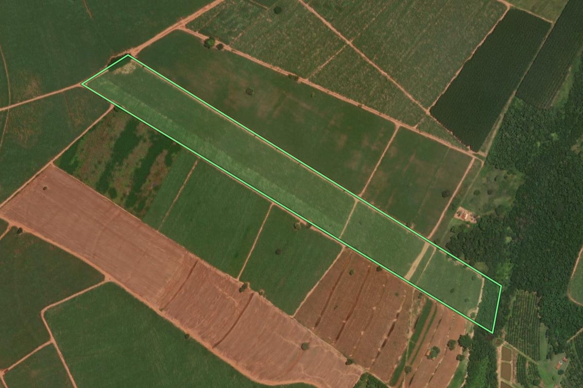 Imagem de satélite do imóvel rural em Novo Horizonte (SP), com o contorno declarado no CAR desenhado por cima.