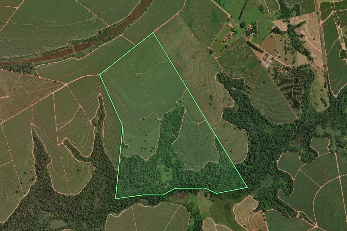 Imagem de satélite do imóvel rural em Novo Horizonte (SP), com o contorno declarado no CAR desenhado por cima.