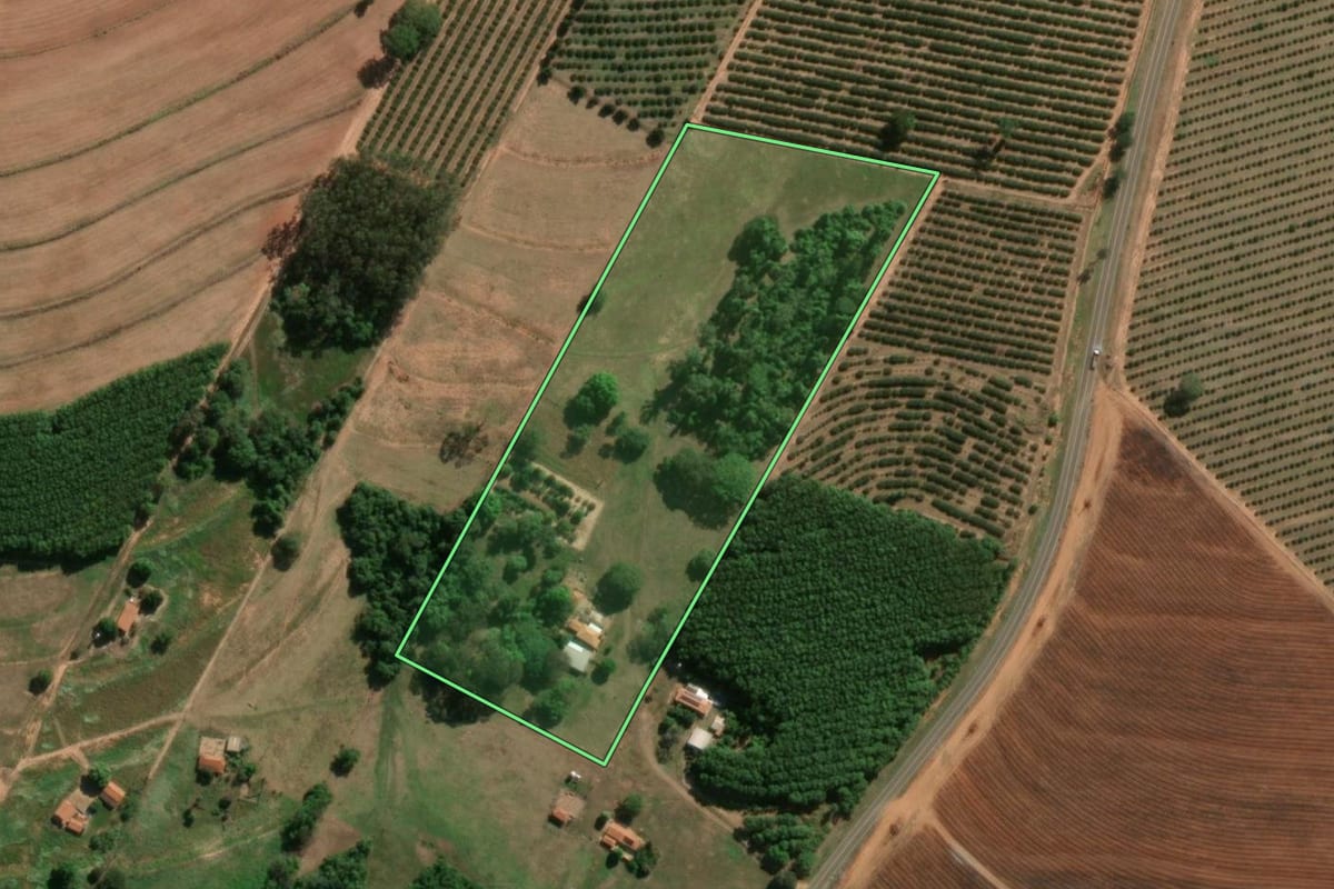 Imagem de satélite do imóvel rural em Novo Horizonte (SP), com o contorno declarado no CAR desenhado por cima.