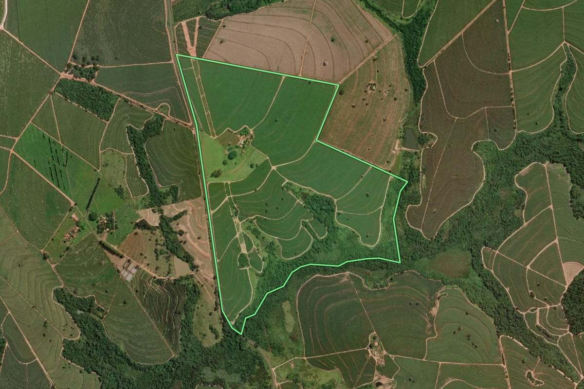 Imagem de satélite do imóvel rural em Novo Horizonte (SP), com o contorno declarado no CAR desenhado por cima.