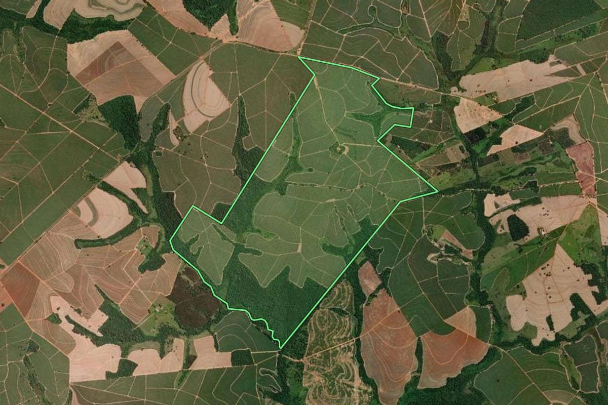 Imagem de satélite do imóvel rural em Novo Horizonte (SP), com o contorno declarado no CAR desenhado por cima.