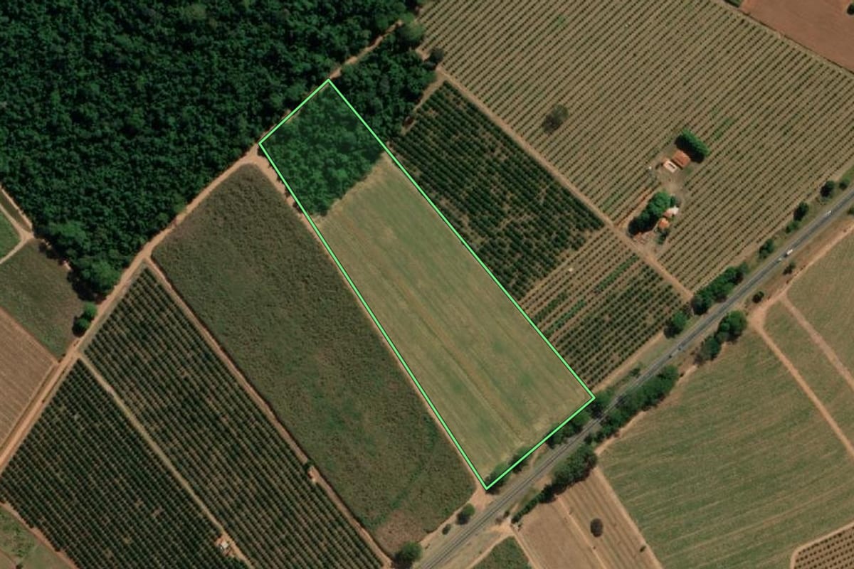 Imagem de satélite do imóvel rural em Novo Horizonte (SP), com o contorno declarado no CAR desenhado por cima.