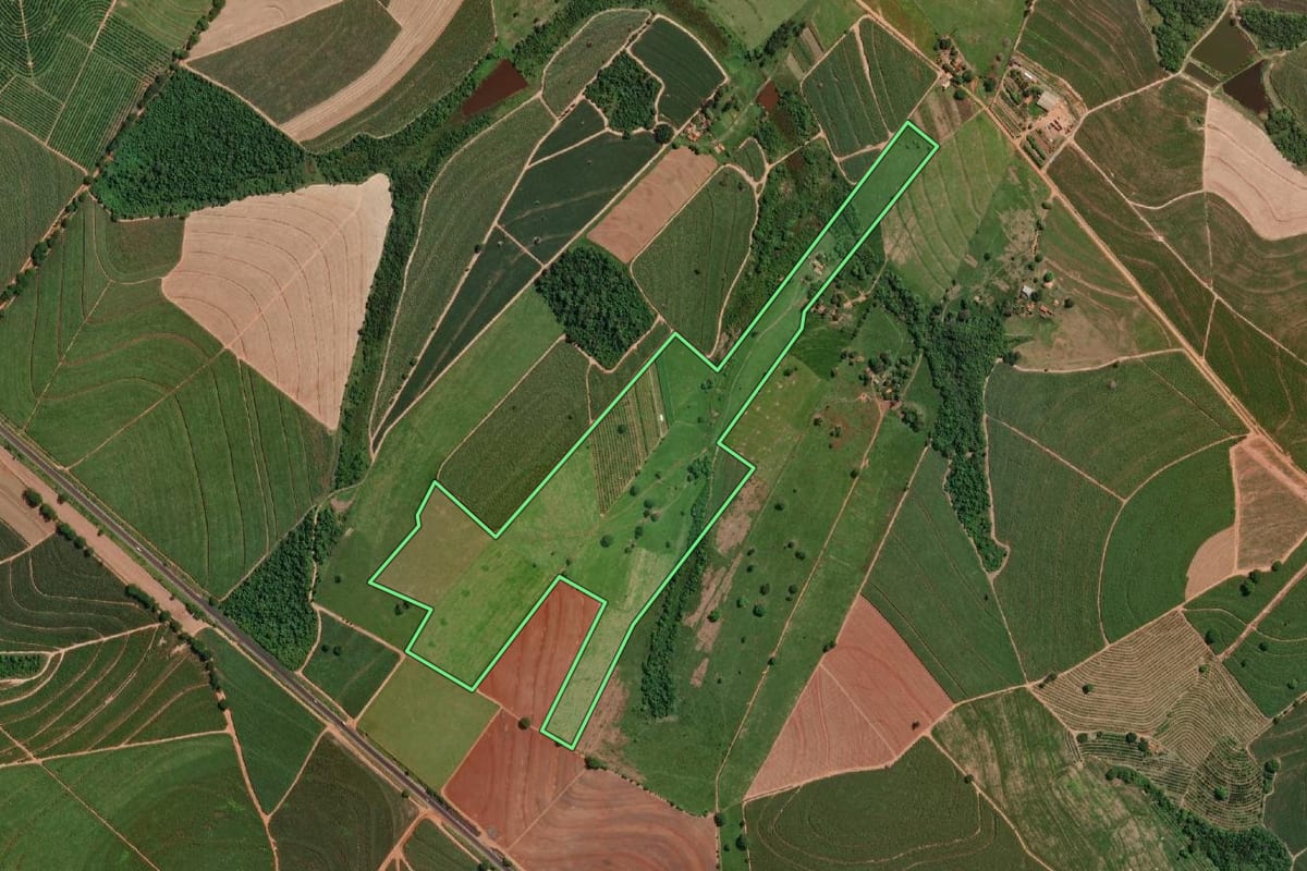 Imagem de satélite do imóvel rural em Novo Horizonte (SP), com o contorno declarado no CAR desenhado por cima.
