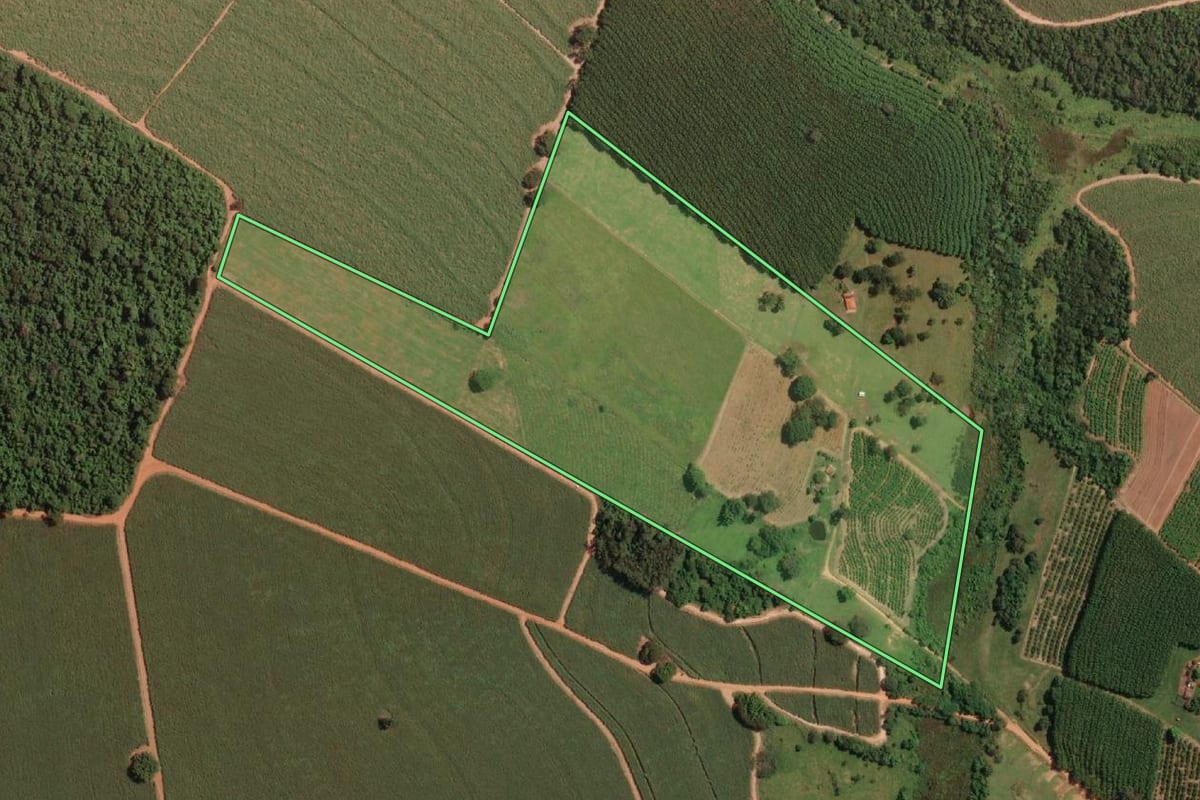 Imagem de satélite do imóvel rural em Novo Horizonte (SP), com o contorno declarado no CAR desenhado por cima.