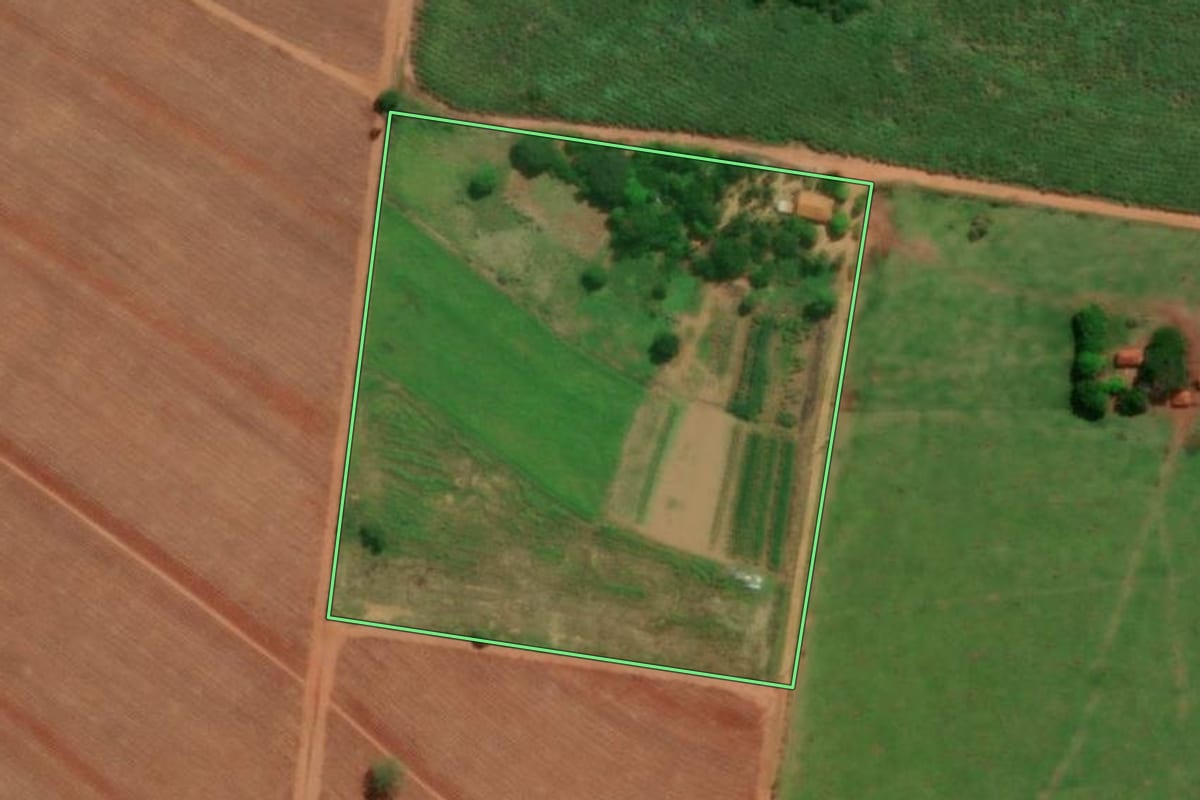 Imagem de satélite do imóvel rural em Novo Horizonte (SP), com o contorno declarado no CAR desenhado por cima.