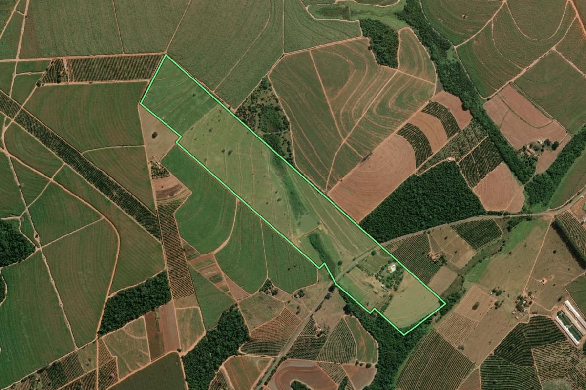 Imagem de satélite do imóvel rural em Novo Horizonte (SP), com o contorno declarado no CAR desenhado por cima.