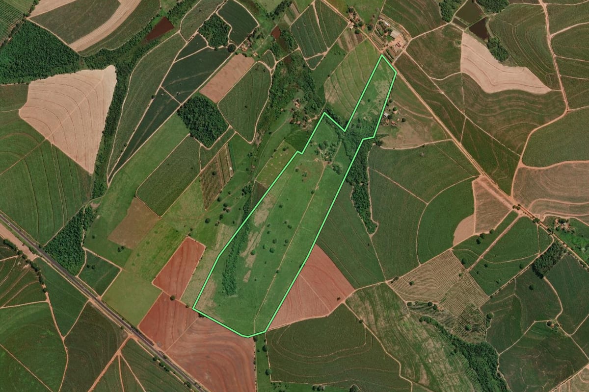 Imagem de satélite do imóvel rural em Novo Horizonte (SP), com o contorno declarado no CAR desenhado por cima.