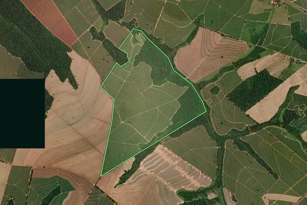 Imagem de satélite do imóvel rural em Novo Horizonte (SP), com o contorno declarado no CAR desenhado por cima.