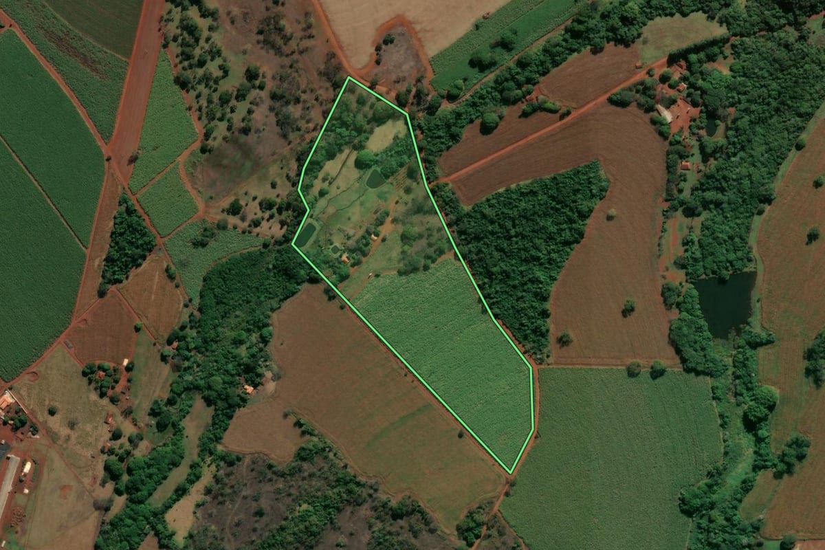 Imagem de satélite do imóvel rural em Nuporanga (SP), com o contorno declarado no CAR desenhado por cima.