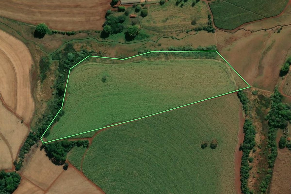 Imagem de satélite do imóvel rural em Nuporanga (SP), com o contorno declarado no CAR desenhado por cima.