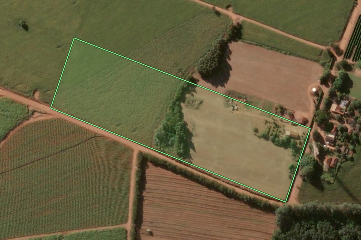 Imagem de satélite do imóvel rural em Nuporanga (SP), com o contorno declarado no CAR desenhado por cima.