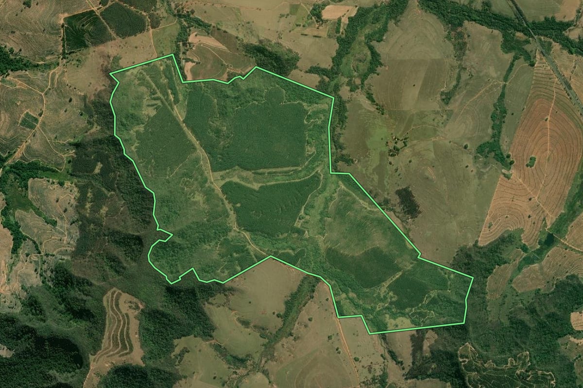 Imagem de satélite do imóvel rural em Ocauçu (SP), com o contorno declarado no CAR desenhado por cima.