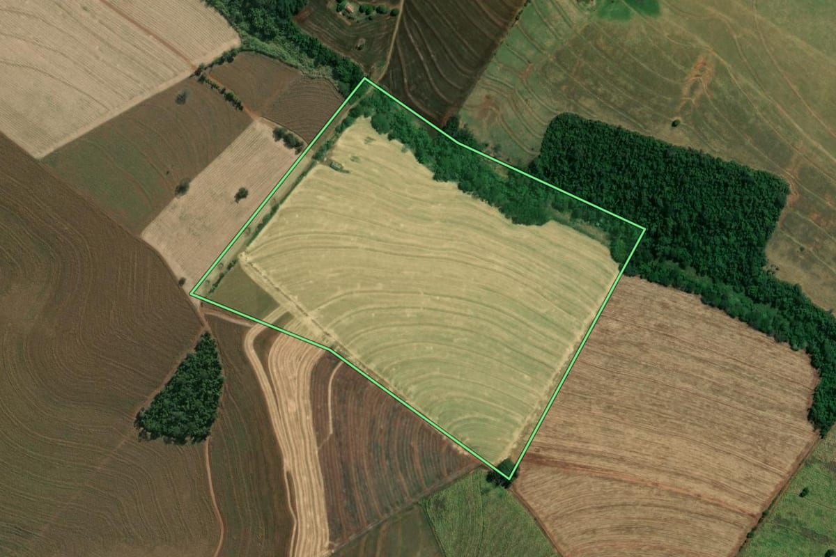 Imagem de satélite do imóvel rural em Óleo (SP), com o contorno declarado no CAR desenhado por cima.