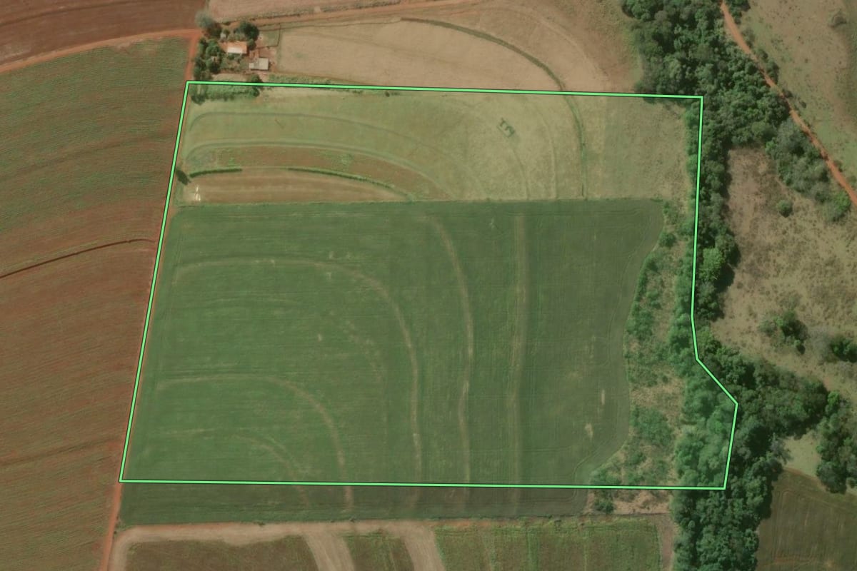 Imagem de satélite do imóvel rural em Óleo (SP), com o contorno declarado no CAR desenhado por cima.