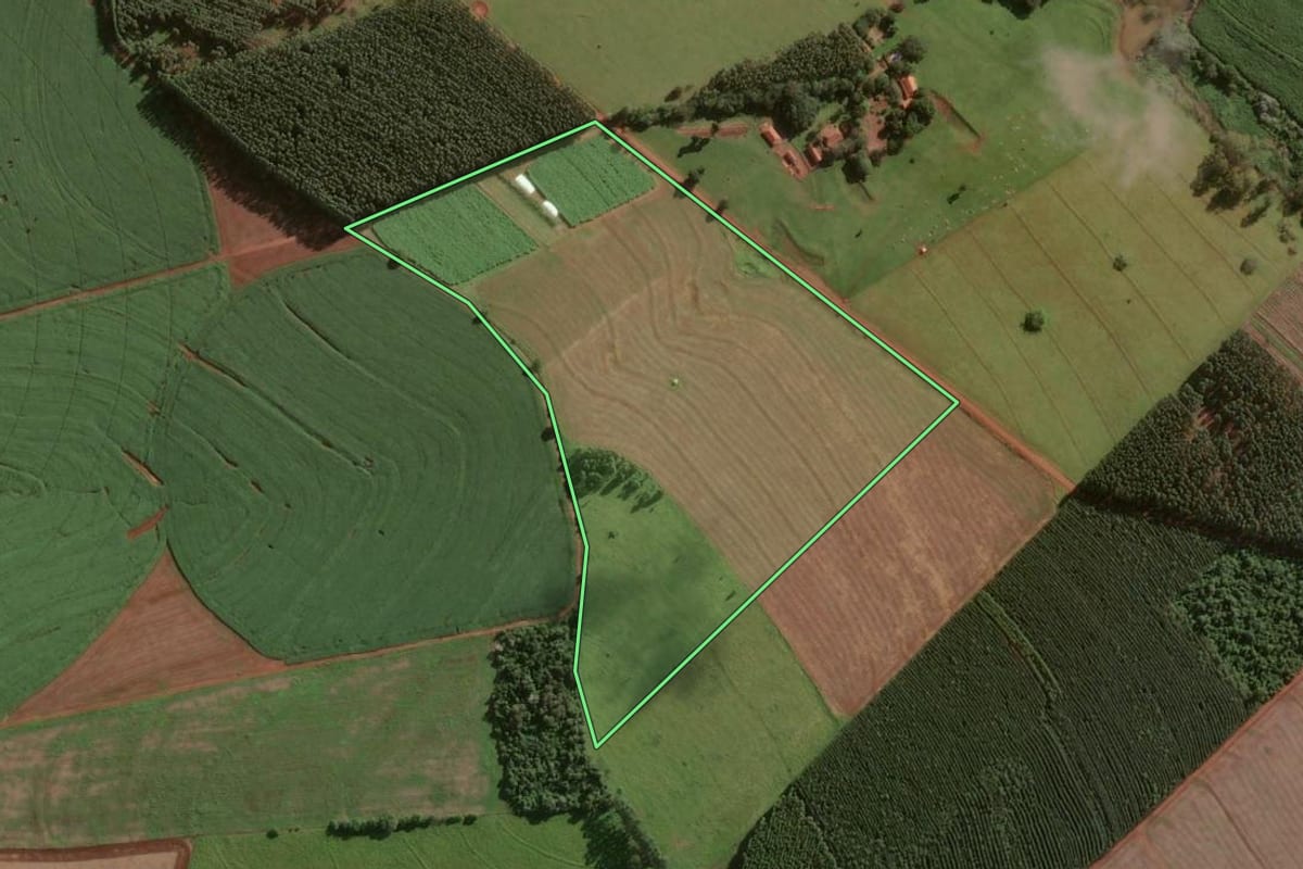 Imagem de satélite do imóvel rural em Óleo (SP), com o contorno declarado no CAR desenhado por cima.