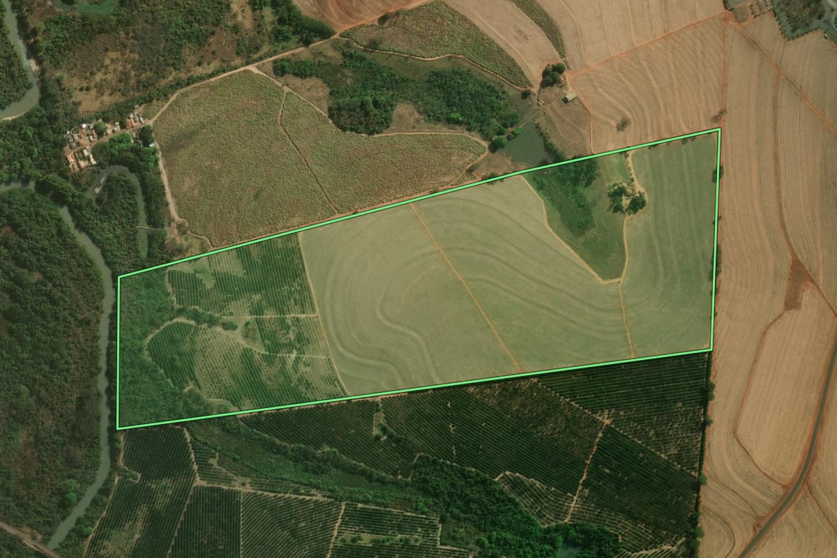 Imagem de satélite do imóvel rural em Olímpia (SP), com o contorno declarado no CAR desenhado por cima.