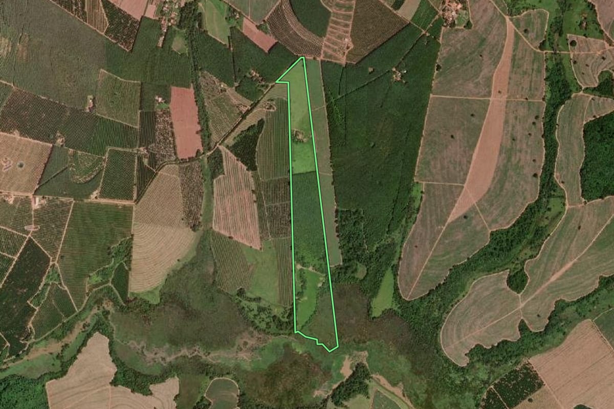 Imagem de satélite do imóvel rural em Olímpia (SP), com o contorno declarado no CAR desenhado por cima.
