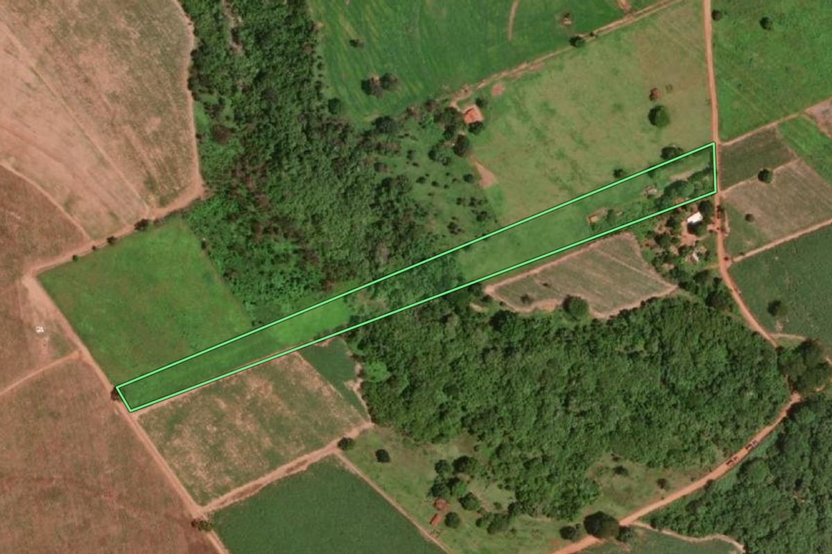 Imagem de satélite do imóvel rural em Olímpia (SP), com o contorno declarado no CAR desenhado por cima.