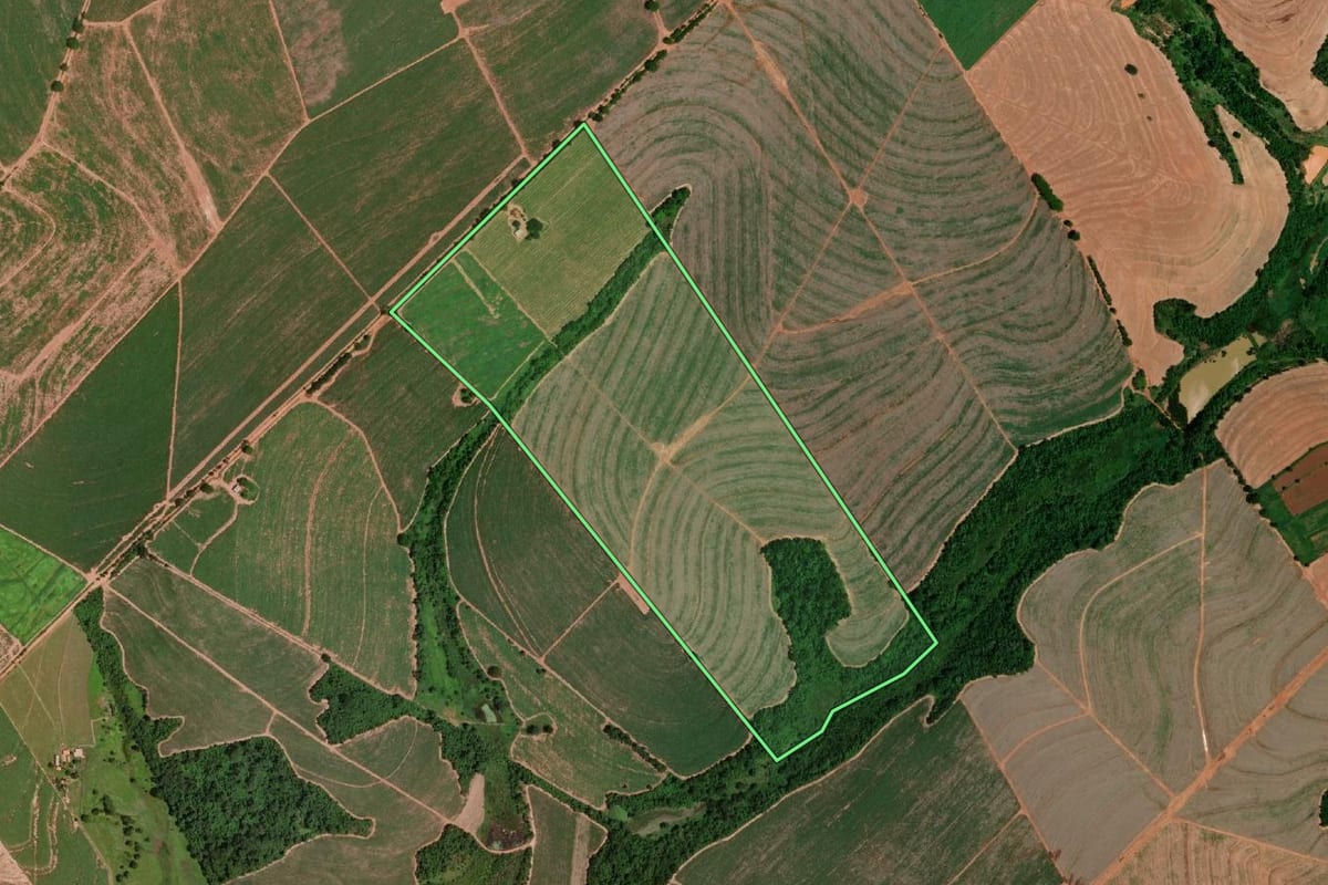 Imagem de satélite do imóvel rural em Olímpia (SP), com o contorno declarado no CAR desenhado por cima.
