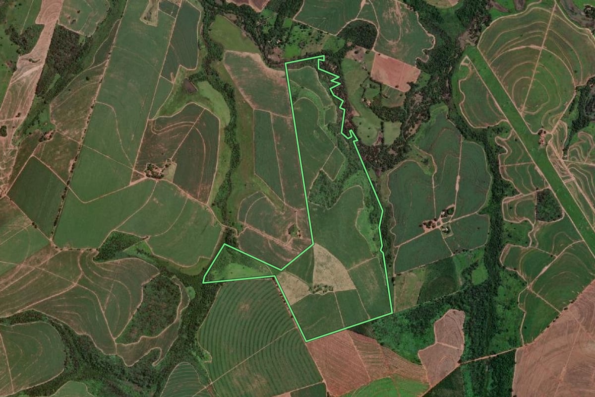 Imagem de satélite do imóvel rural em Olímpia (SP), com o contorno declarado no CAR desenhado por cima.