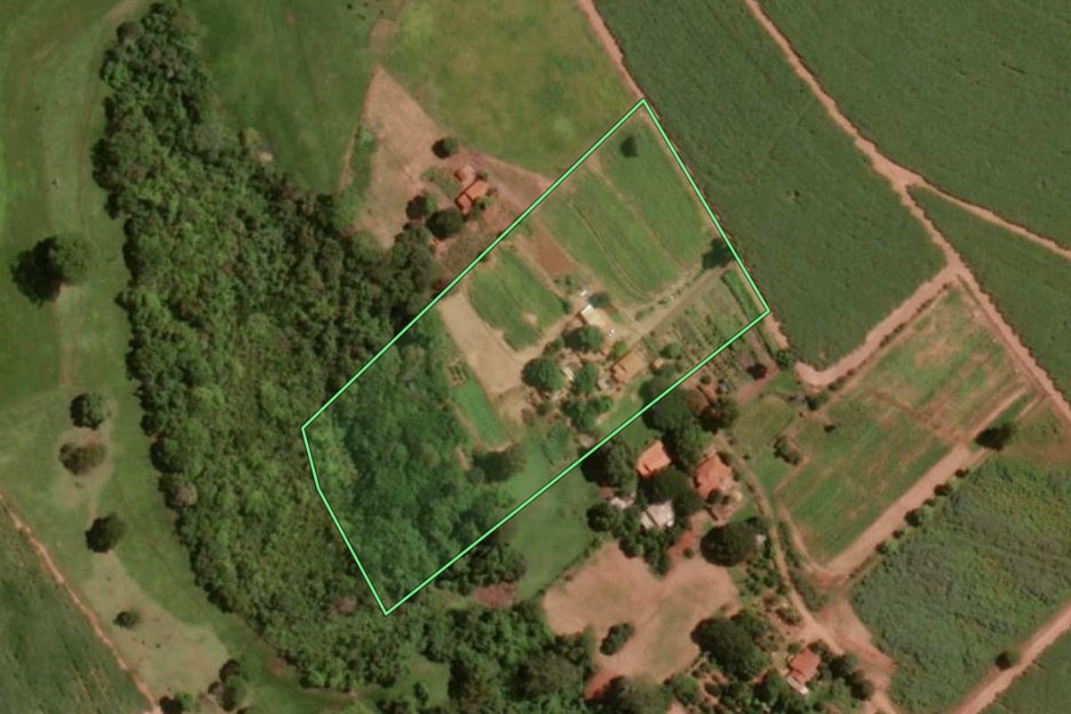 Imagem de satélite do imóvel rural em Olímpia (SP), com o contorno declarado no CAR desenhado por cima.