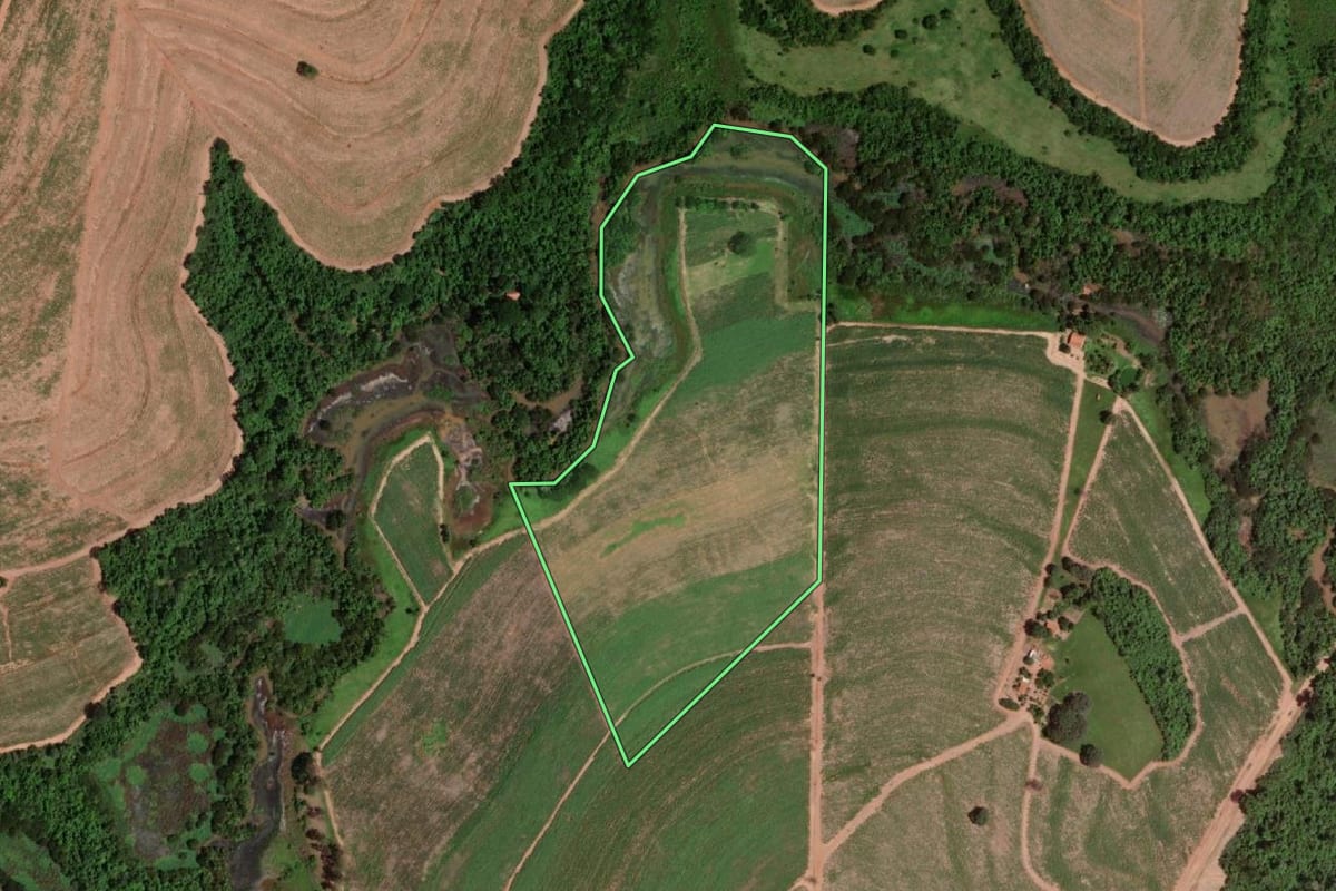 Imagem de satélite do imóvel rural em Olímpia (SP), com o contorno declarado no CAR desenhado por cima.
