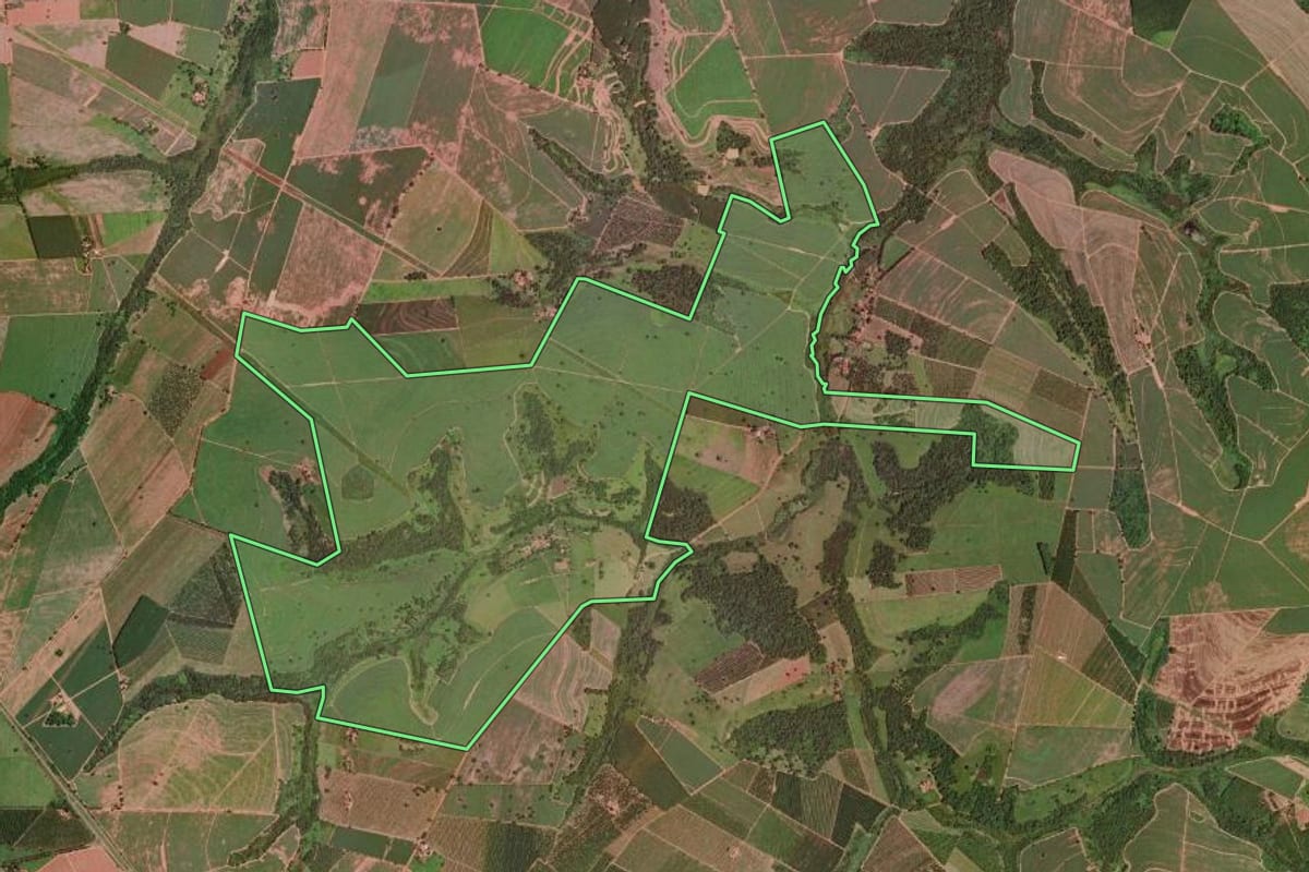 Imagem de satélite do imóvel rural em Olímpia (SP), com o contorno declarado no CAR desenhado por cima.