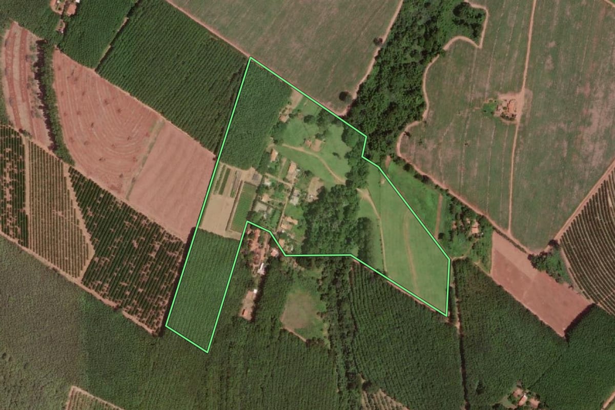 Imagem de satélite do imóvel rural em Olímpia (SP), com o contorno declarado no CAR desenhado por cima.