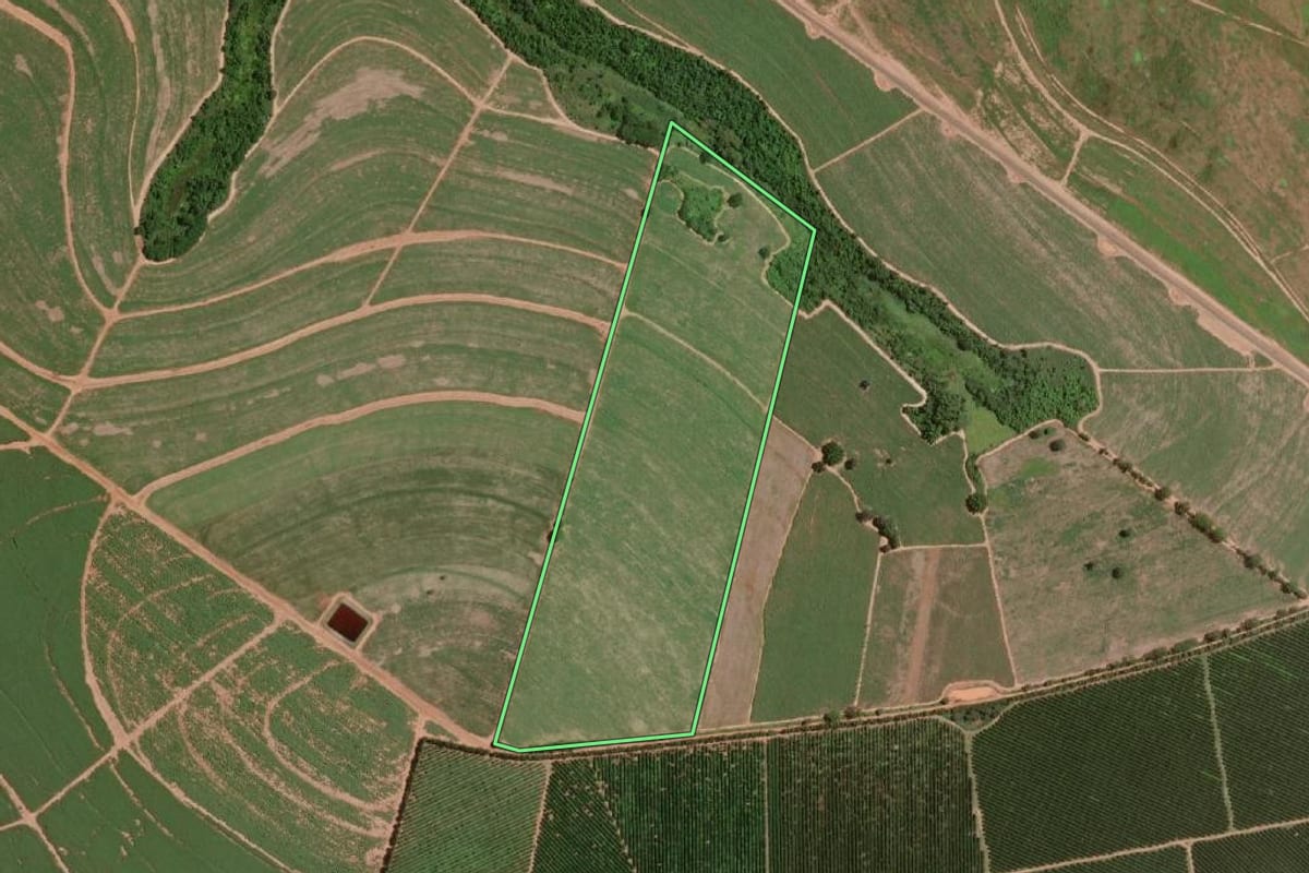 Imagem de satélite do imóvel rural em Olímpia (SP), com o contorno declarado no CAR desenhado por cima.