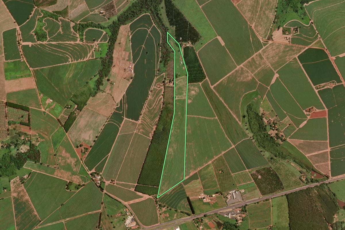 Imagem de satélite do imóvel rural em Olímpia (SP), com o contorno declarado no CAR desenhado por cima.