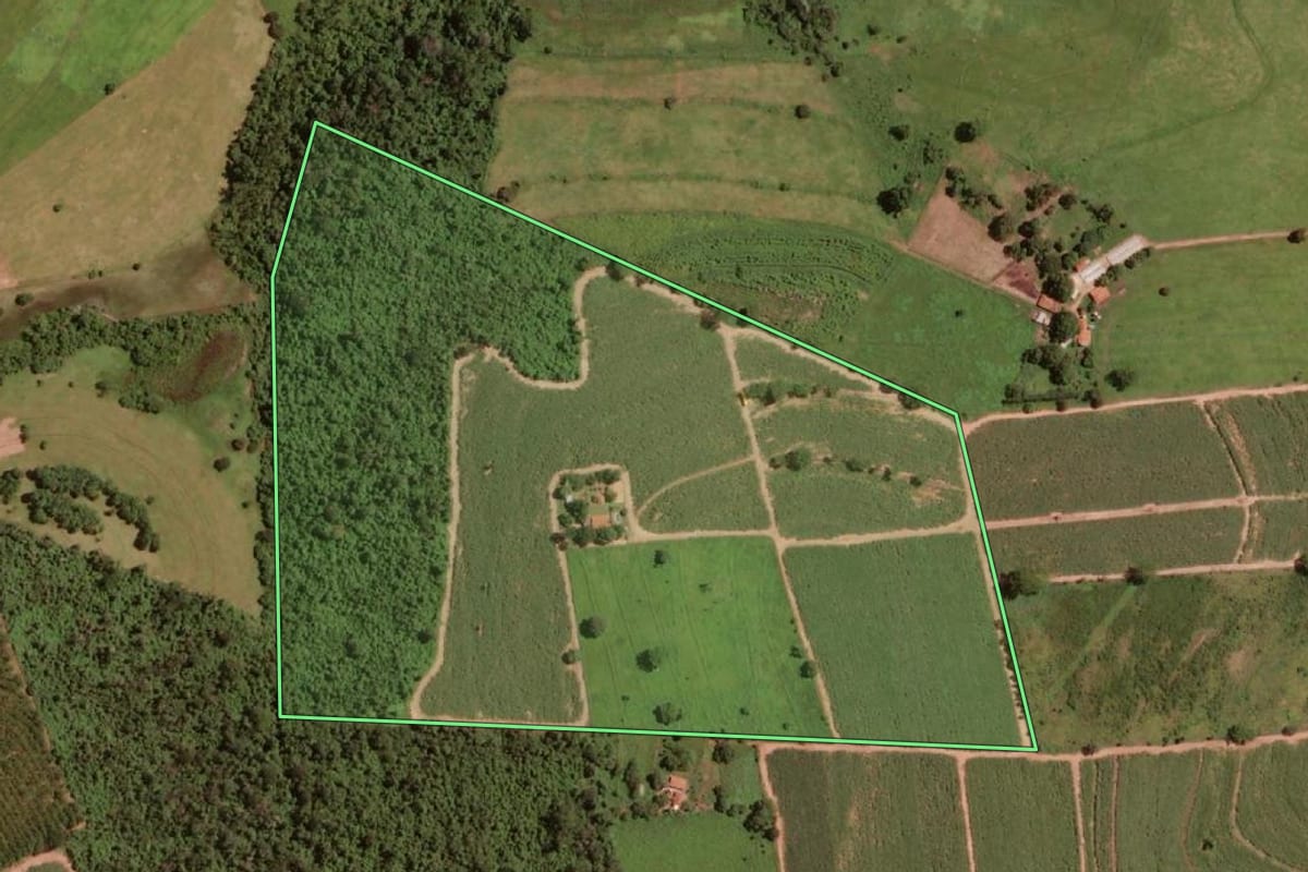 Imagem de satélite do imóvel rural em Olímpia (SP), com o contorno declarado no CAR desenhado por cima.