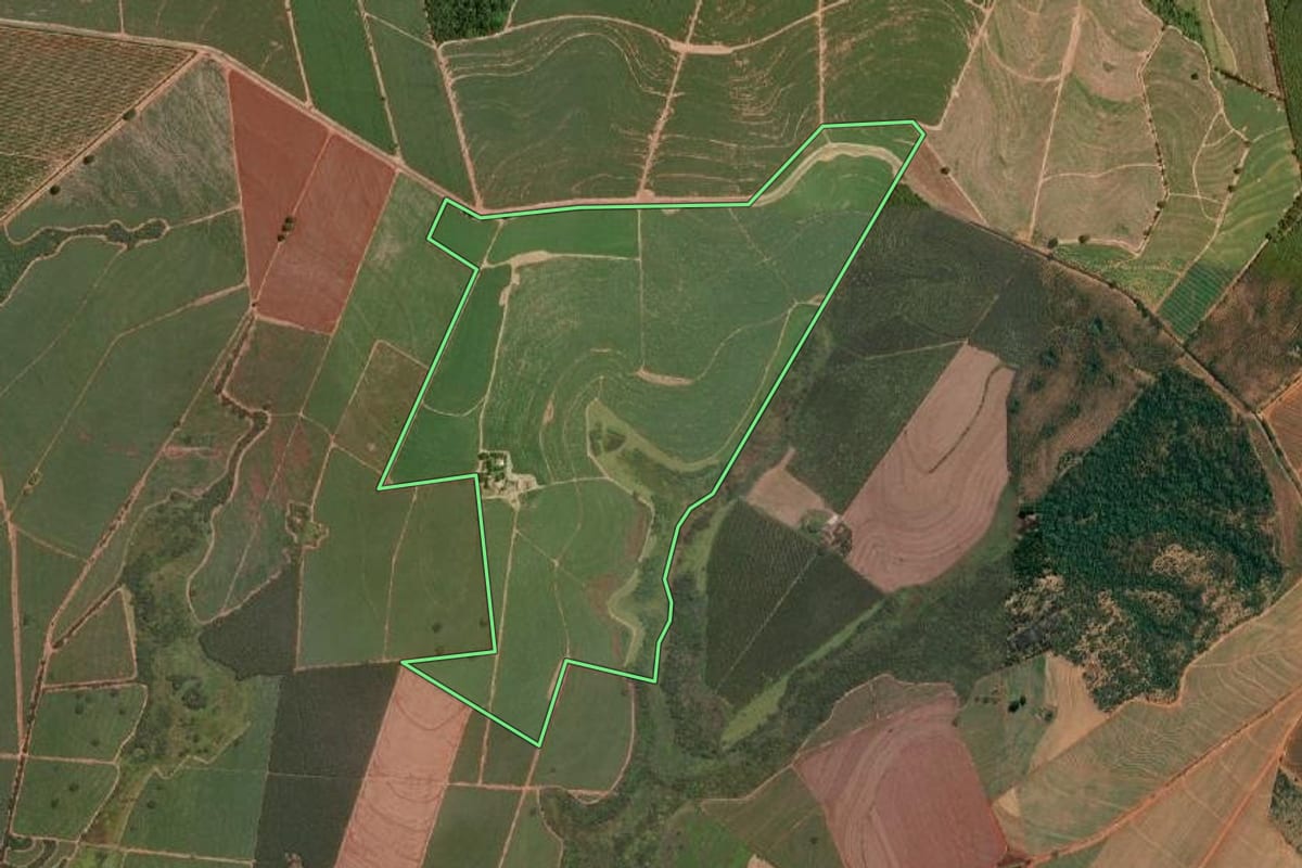 Imagem de satélite do imóvel rural em Olímpia (SP), com o contorno declarado no CAR desenhado por cima.