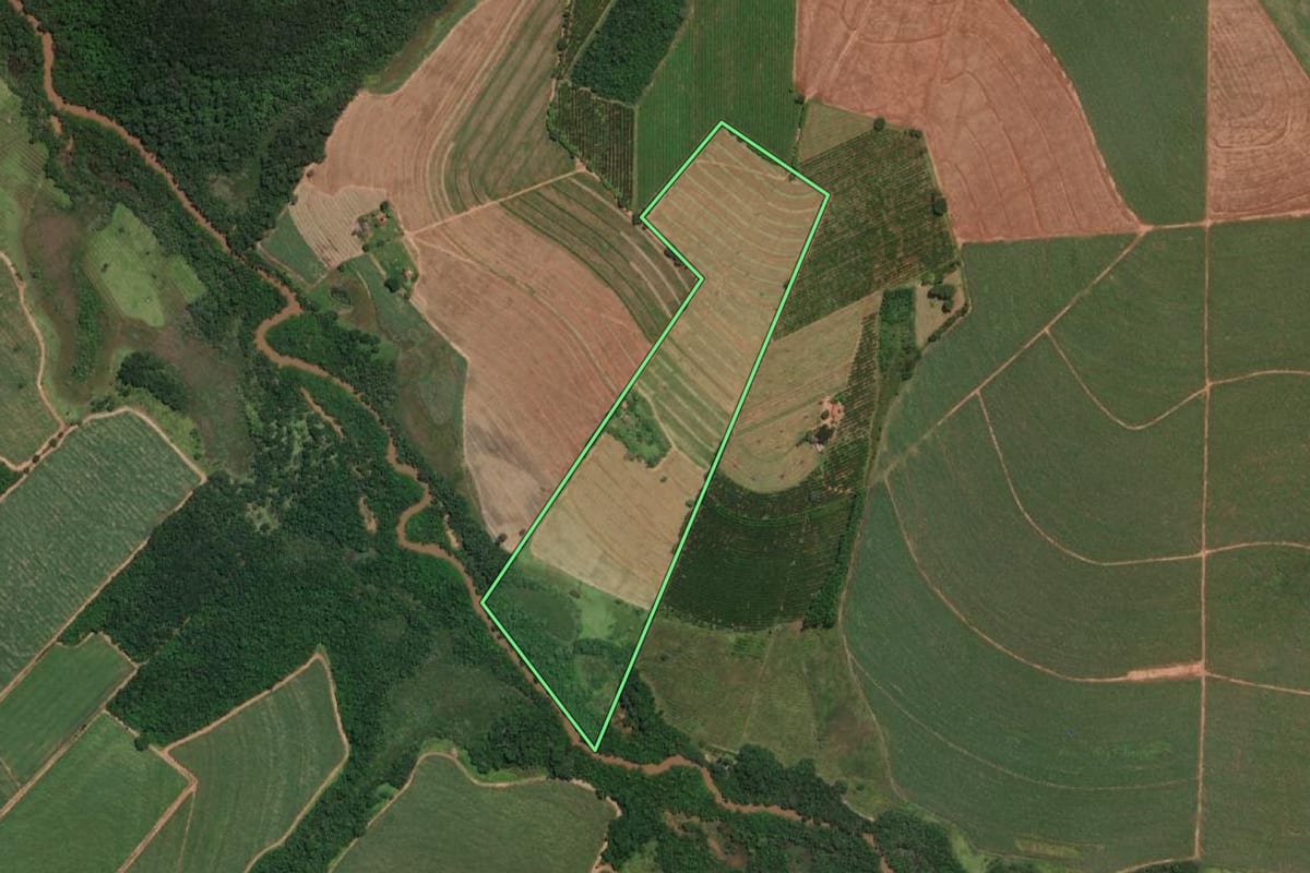 Imagem de satélite do imóvel rural em Olímpia (SP), com o contorno declarado no CAR desenhado por cima.