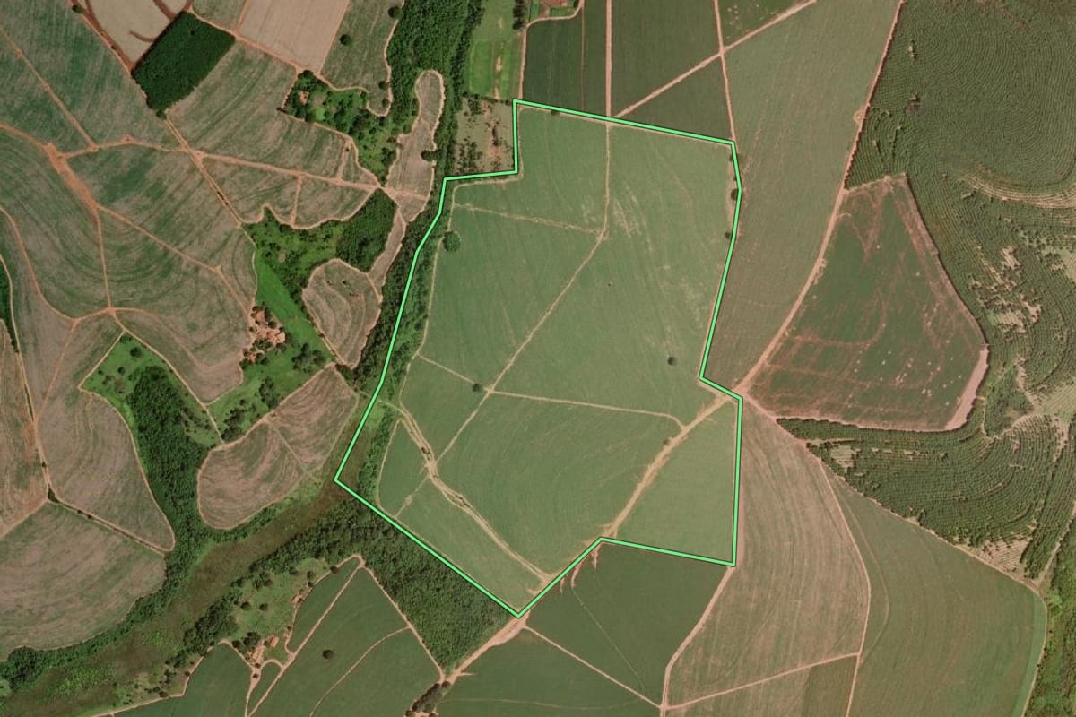 Imagem de satélite do imóvel rural em Olímpia (SP), com o contorno declarado no CAR desenhado por cima.