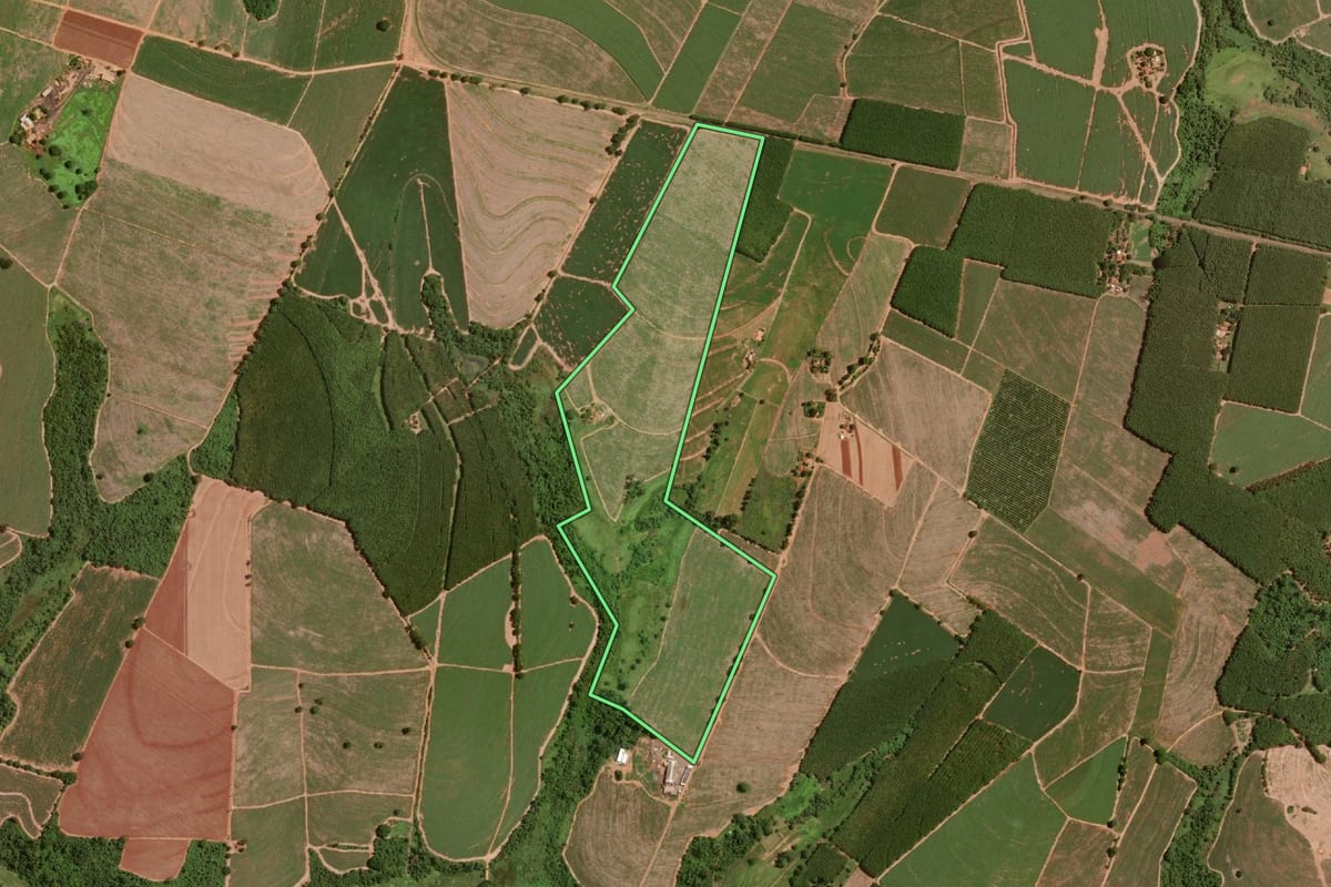 Imagem de satélite do imóvel rural em Olímpia (SP), com o contorno declarado no CAR desenhado por cima.