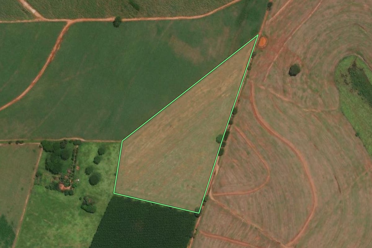 Imagem de satélite do imóvel rural em Olímpia (SP), com o contorno declarado no CAR desenhado por cima.