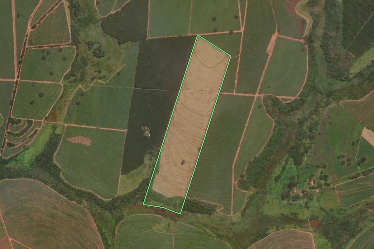Imagem de satélite do imóvel rural em Olímpia (SP), com o contorno declarado no CAR desenhado por cima.