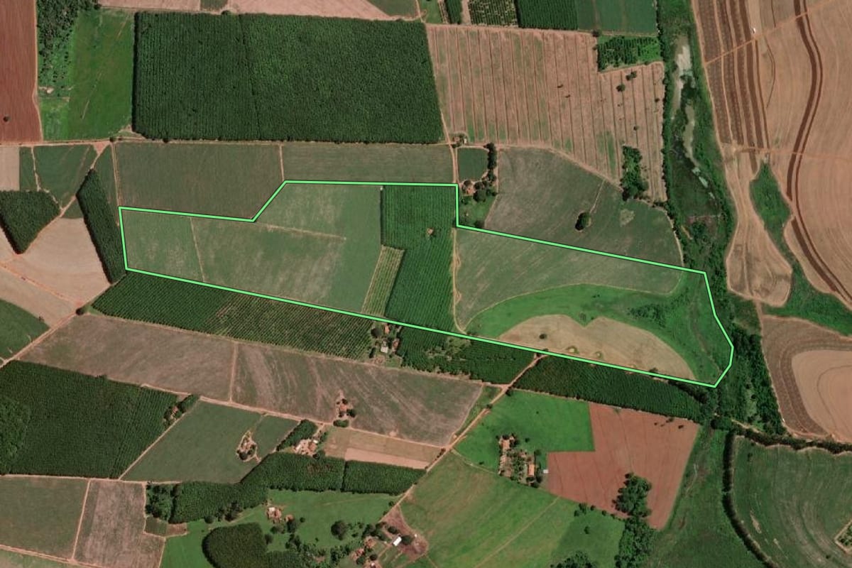Imagem de satélite do imóvel rural em Olímpia (SP), com o contorno declarado no CAR desenhado por cima.