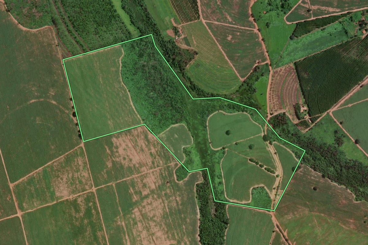 Imagem de satélite do imóvel rural em Olímpia (SP), com o contorno declarado no CAR desenhado por cima.