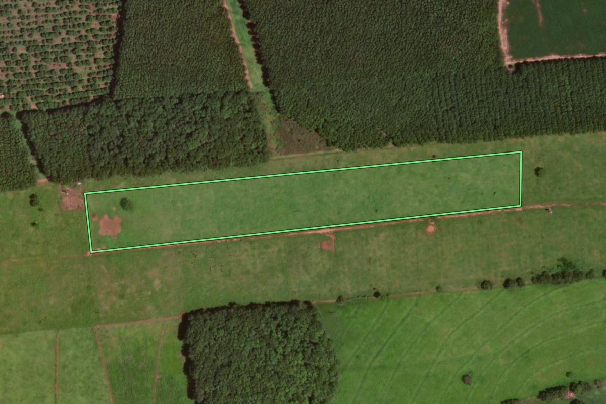Imagem de satélite do imóvel rural em Olímpia (SP), com o contorno declarado no CAR desenhado por cima.