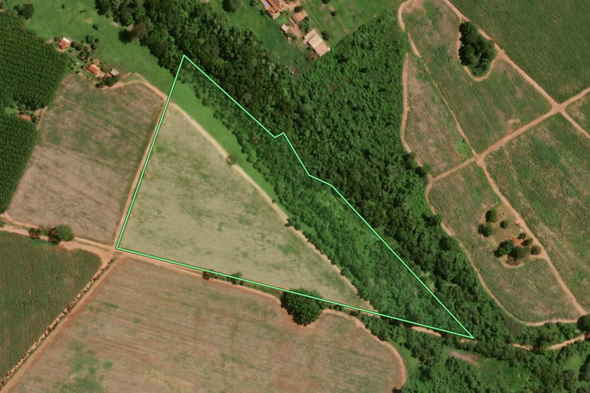 Imagem de satélite do imóvel rural em Olímpia (SP), com o contorno declarado no CAR desenhado por cima.