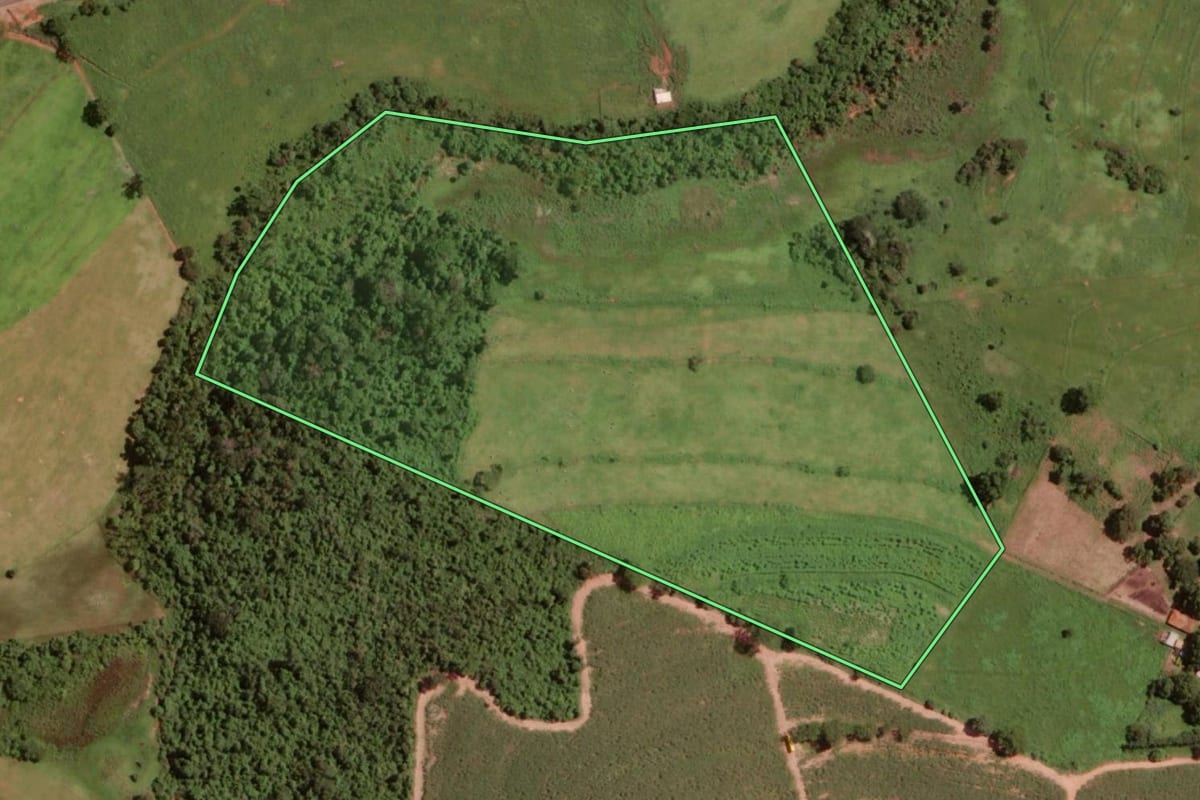 Imagem de satélite do imóvel rural em Olímpia (SP), com o contorno declarado no CAR desenhado por cima.