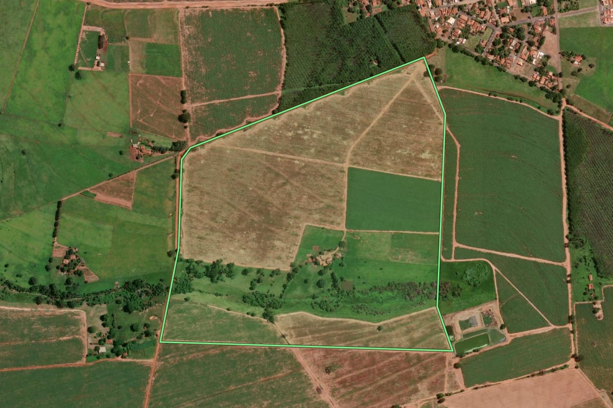 Imagem de satélite do imóvel rural em Olímpia (SP), com o contorno declarado no CAR desenhado por cima.