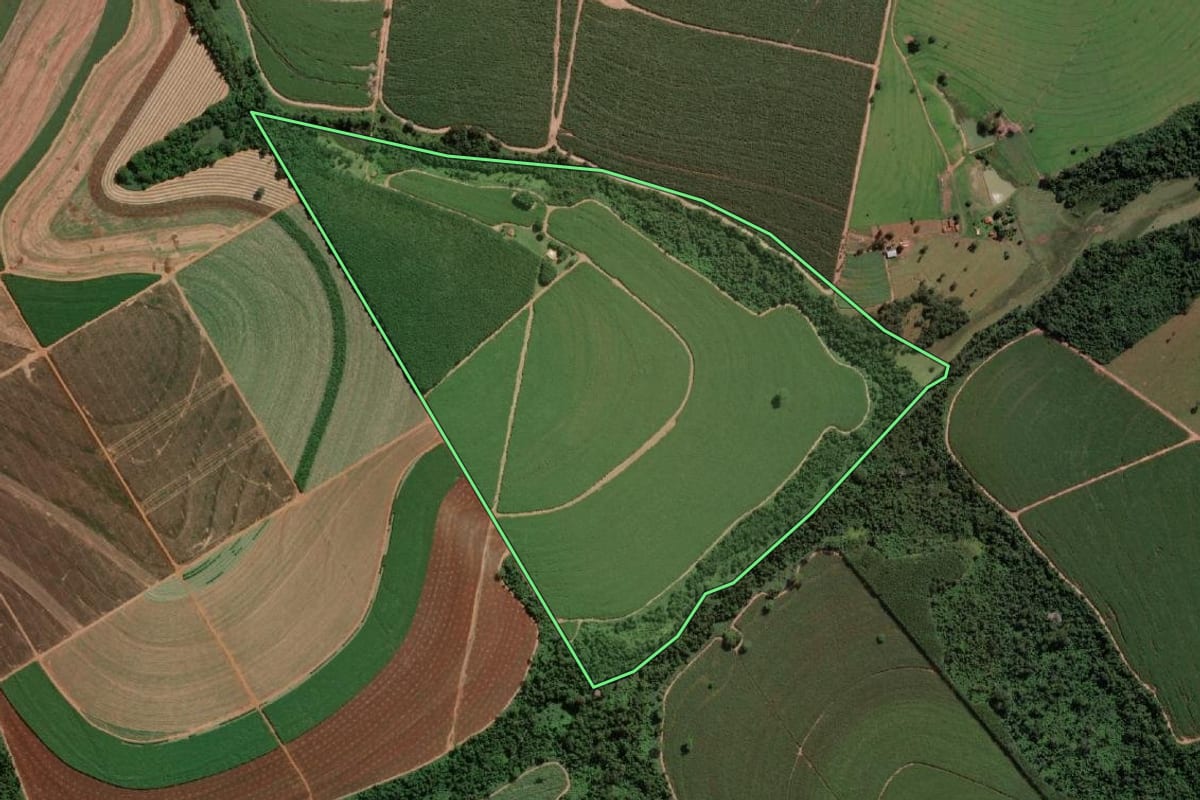 Imagem de satélite do imóvel rural em Onda Verde (SP), com o contorno declarado no CAR desenhado por cima.