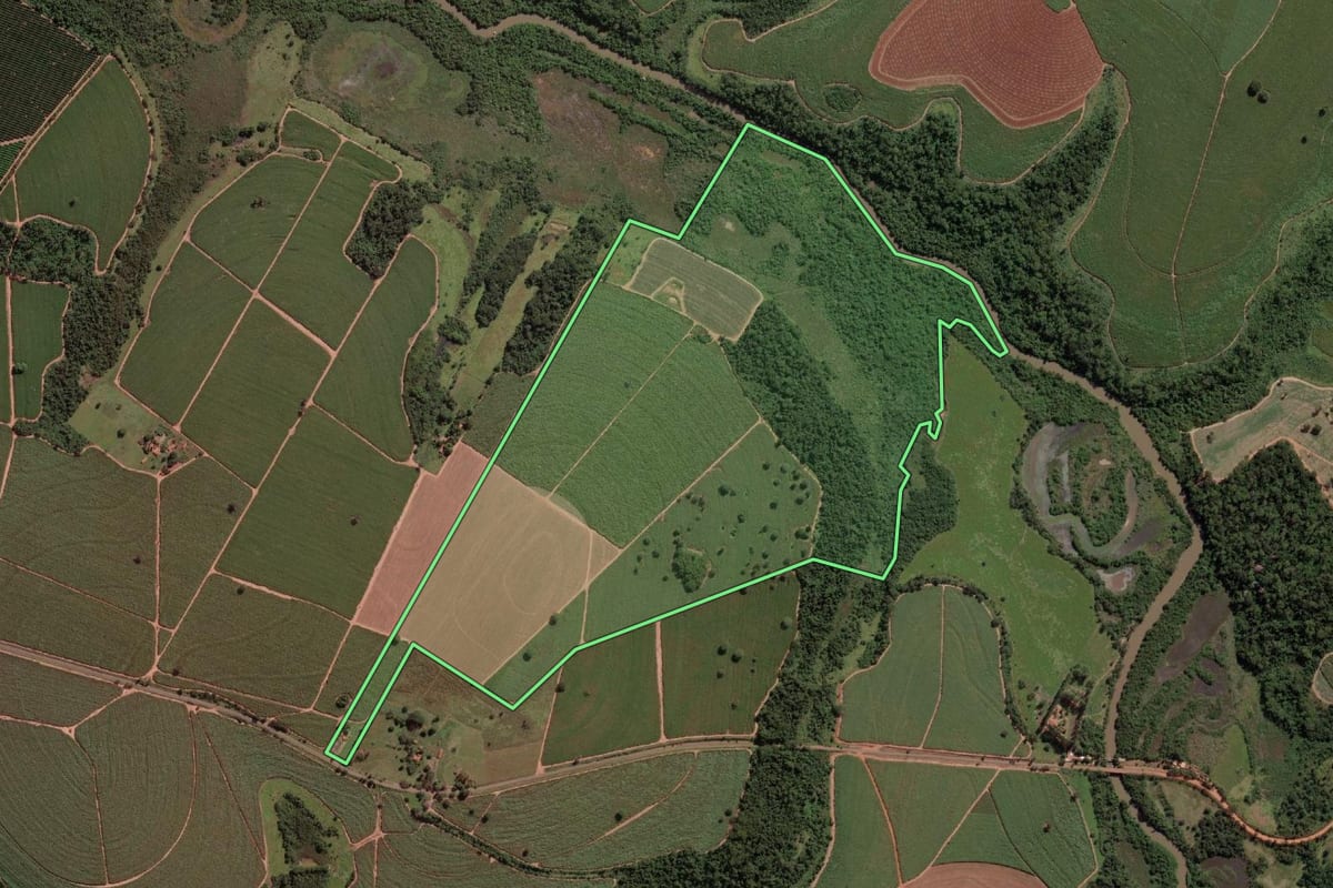 Imagem de satélite do imóvel rural em Onda Verde (SP), com o contorno declarado no CAR desenhado por cima.