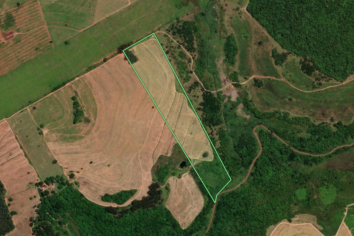 Imagem de satélite do imóvel rural em Oriente (SP), com o contorno declarado no CAR desenhado por cima.