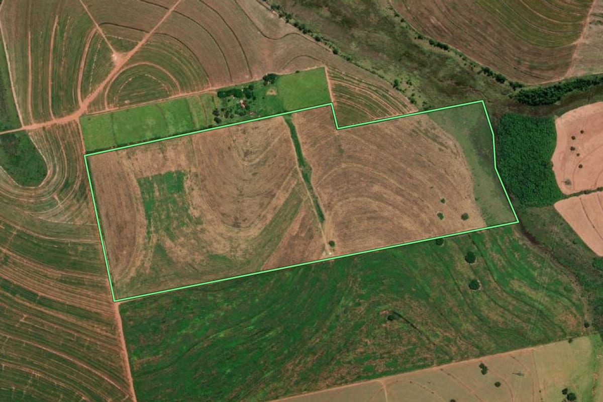 Imagem de satélite do imóvel rural em Oriente (SP), com o contorno declarado no CAR desenhado por cima.
